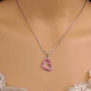 Pink Rhinestone Heart Charm Silver Tone Necklace